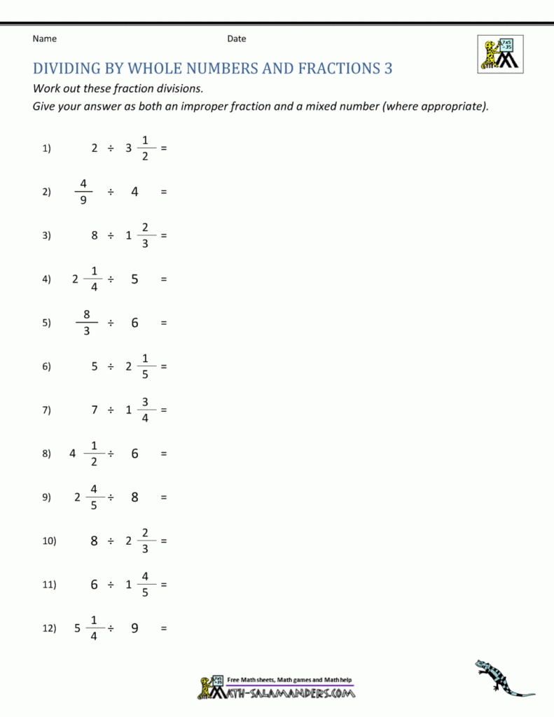 Dividing Whole Numbers By Unit Fractions Worksheet Printable Word