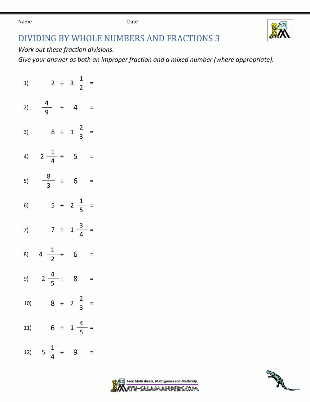 Dividing Whole Numbers By Unit Fractions Worksheet Printable Word