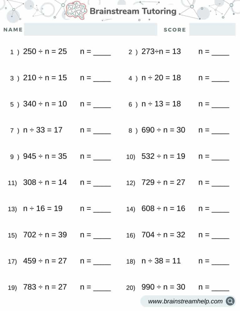 Division With Missing Numbers Worksheet Brainstreamhelp