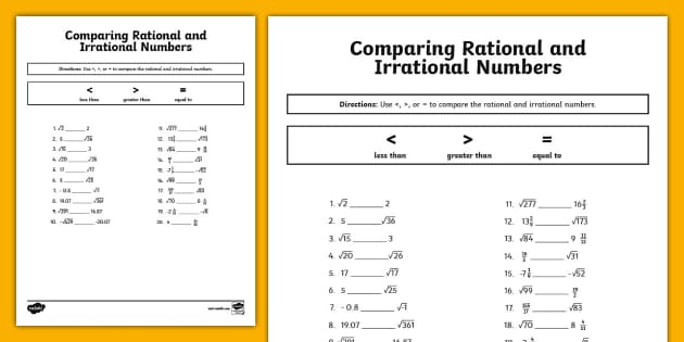 Eighth Grade Comparing Rational And Irrational Numbers Worksheet