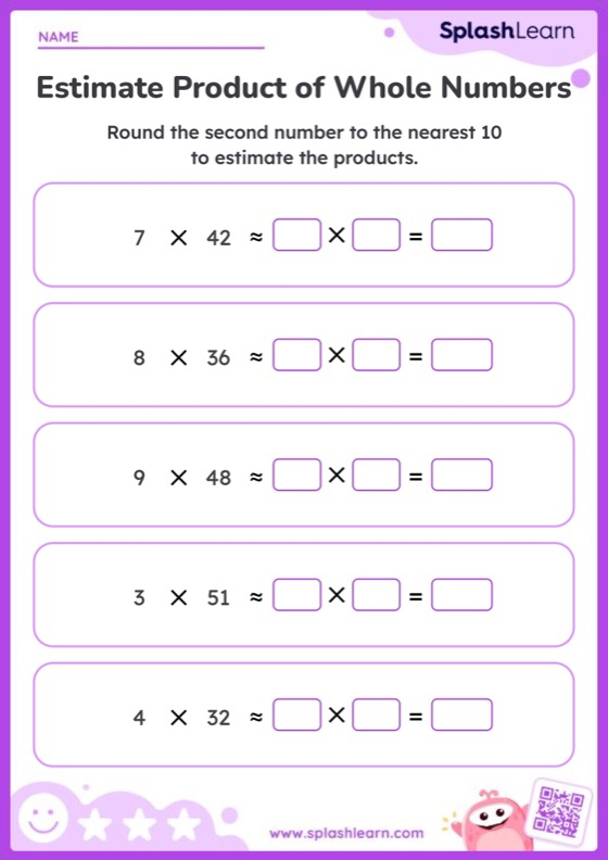 Estimate The Product Of Whole Numbers Printable Math Worksheet