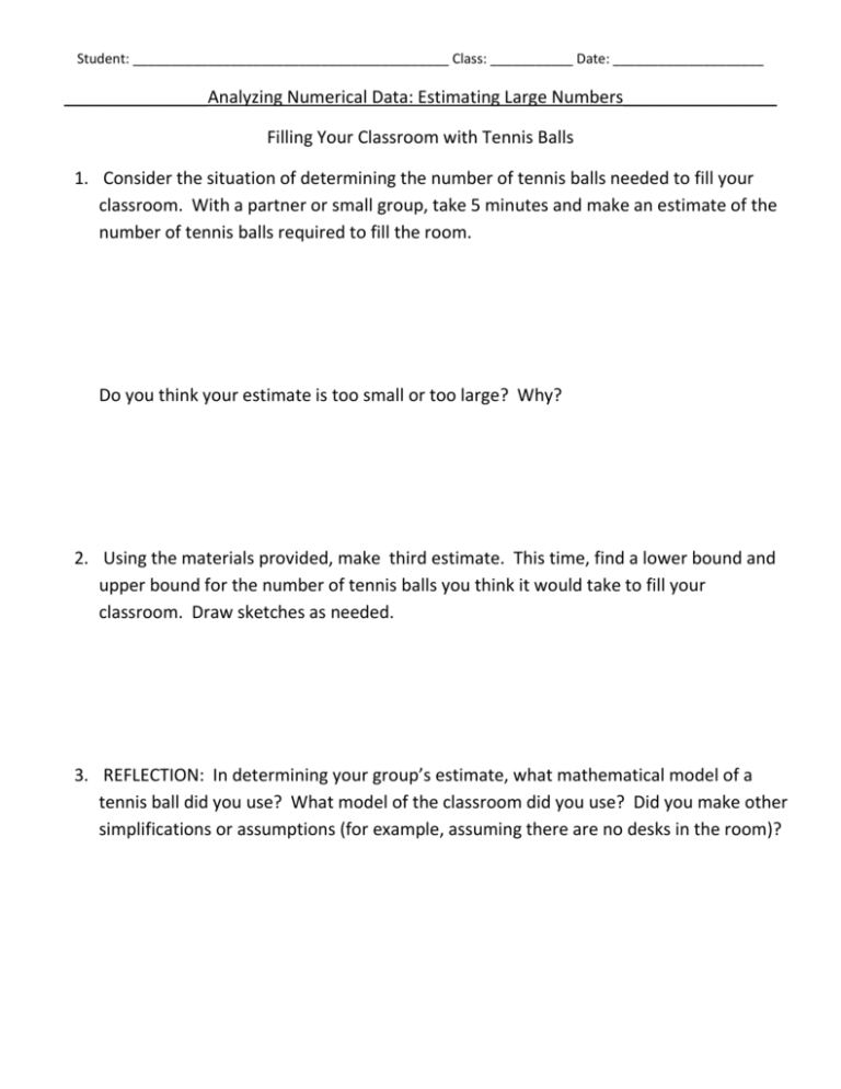 Estimating Large Numbers Tennis Ball Classroom