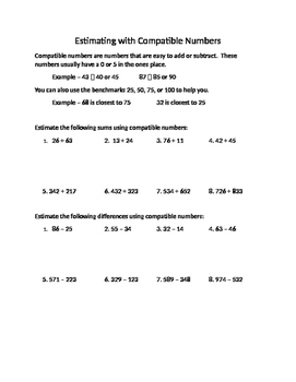 Estimating With Compatible Numbers Worksheet By Excellence In Elementary