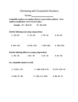 Estimating With Compatible Numbers Worksheet By Fifth Grade Tools And