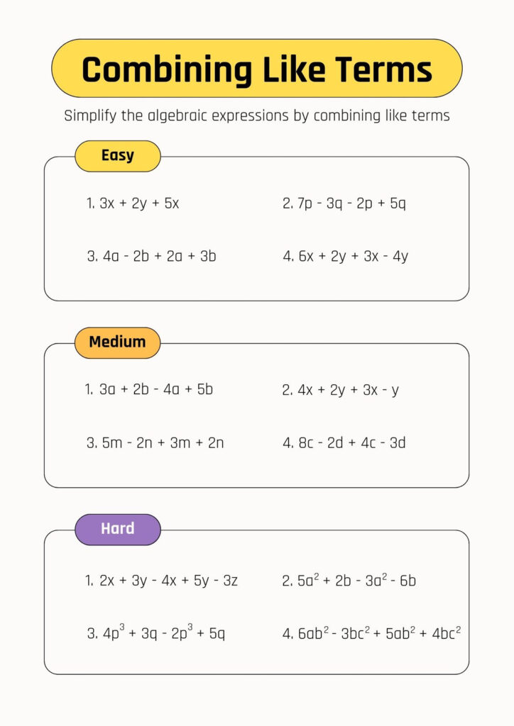 Free Custom Combining Like Terms Worksheet Templates Canva 