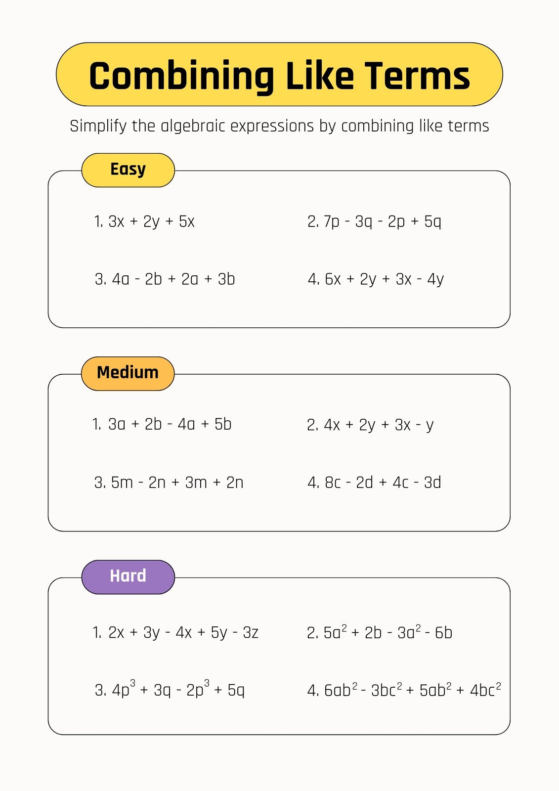 Free Custom Combining Like Terms Worksheet Templates Canva 