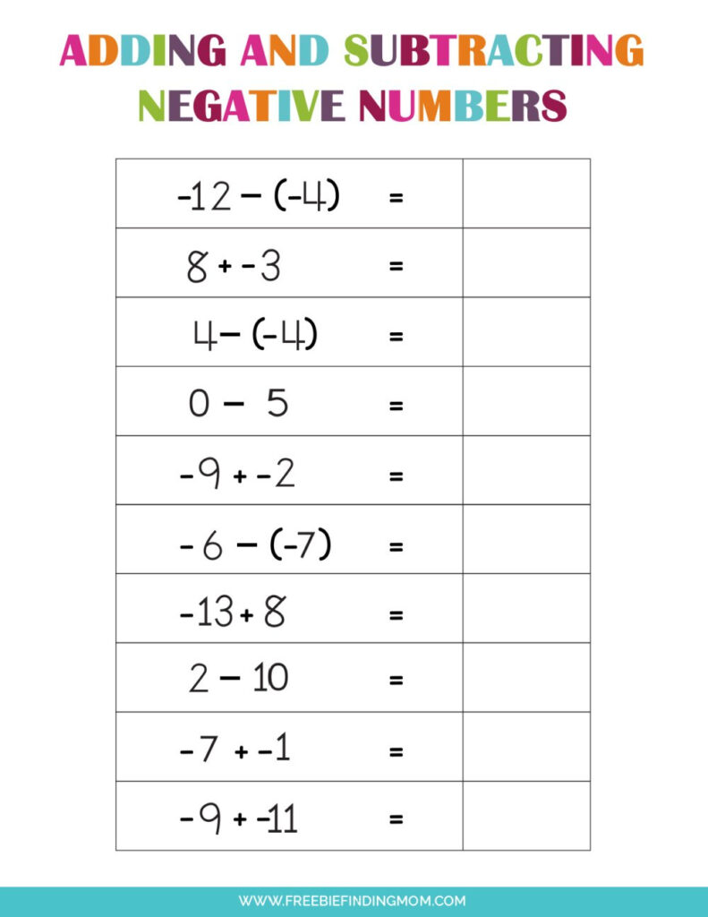Free Printable Adding And Subtracting Negative Numbers Worksheets