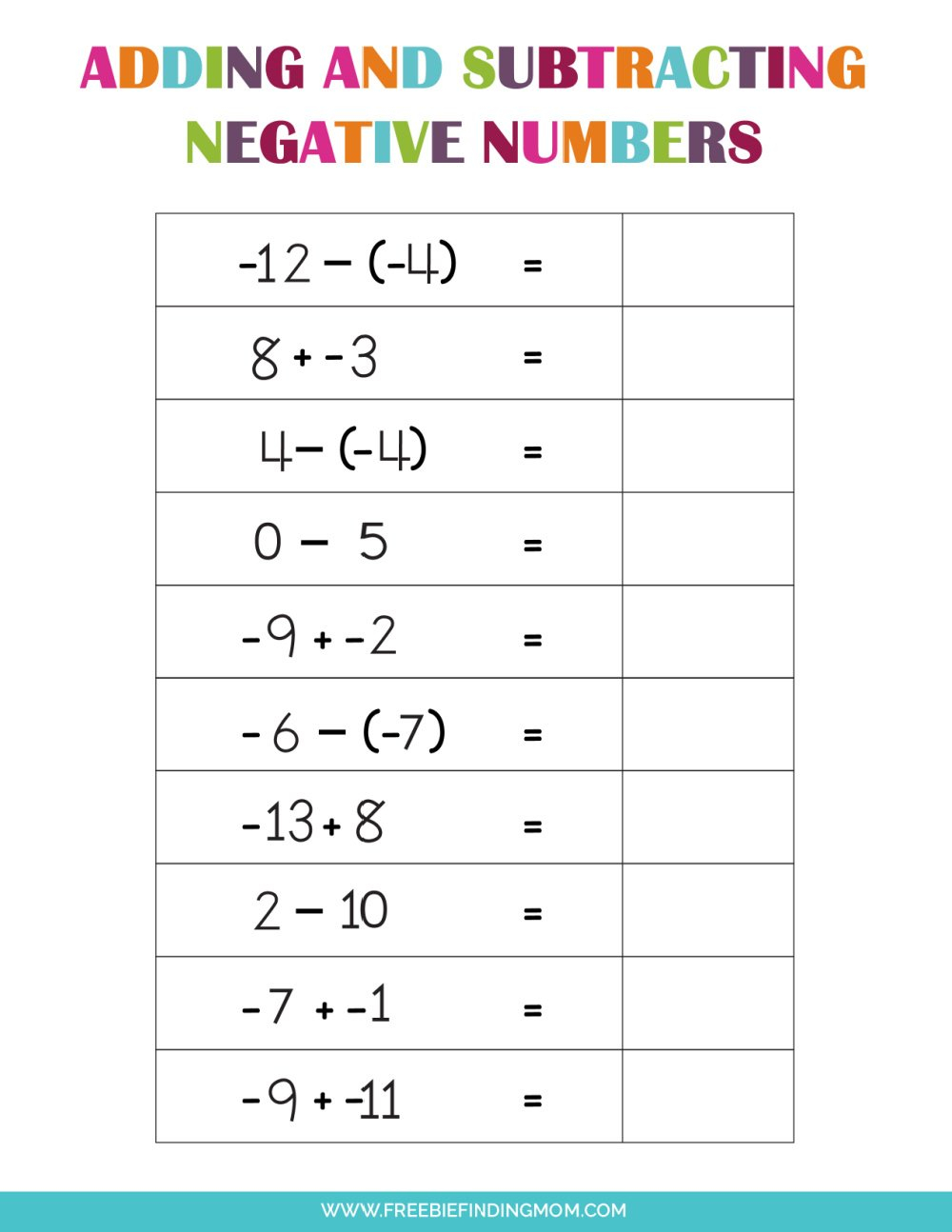 Free Printable Adding And Subtracting Negative Numbers Worksheets
