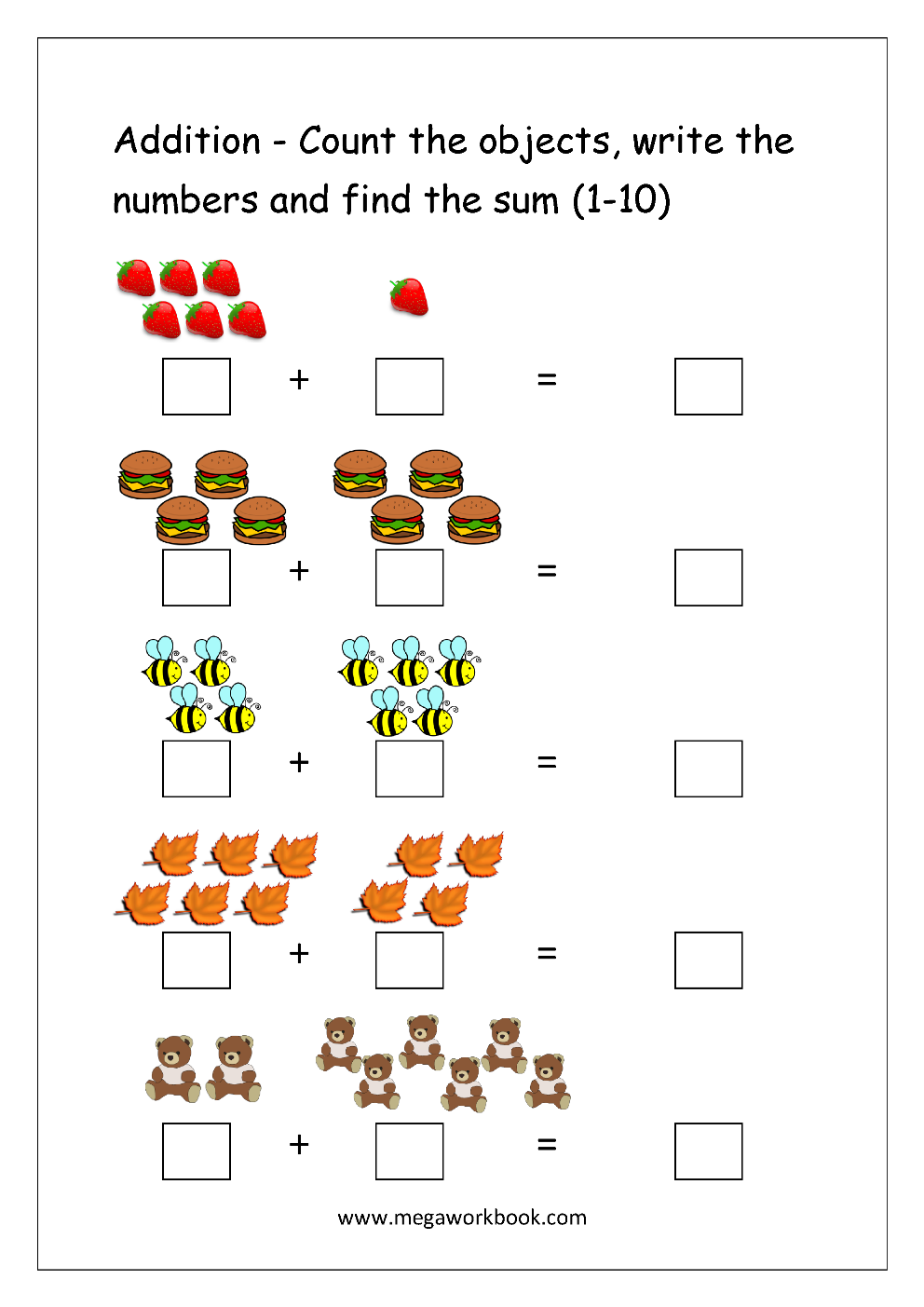 Free Printable Number Addition Worksheets 1 10 For Kindergarten And