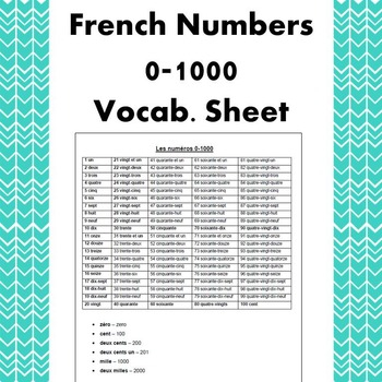 French Numbers 0 1000 Vocabulary Sheet By Exploring French And Spanish