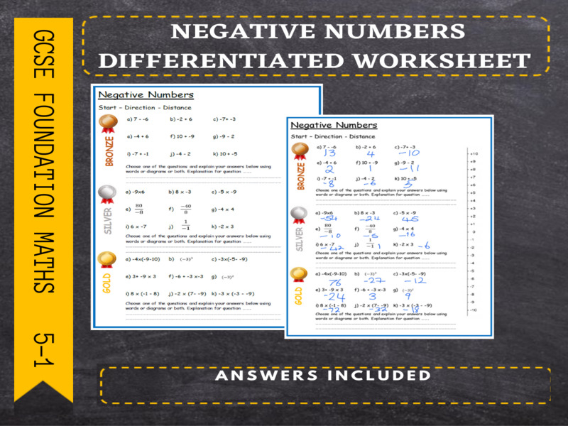 GCSE Foundation Maths Negative Numbers Differentiated Worksheet 