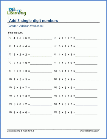 Grade 1 Math Worksheet Add 3 Single digit Numbers K5 Learning