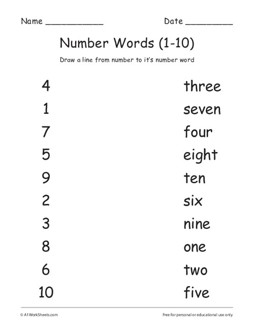 Grade 1 Numbers Words Matching Worksheets 1 10 Number Words 