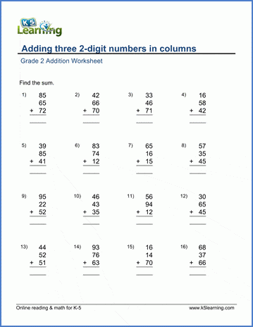 Grade 2 Math Worksheets Adding Three 2 digit Numbers In Columns K5 