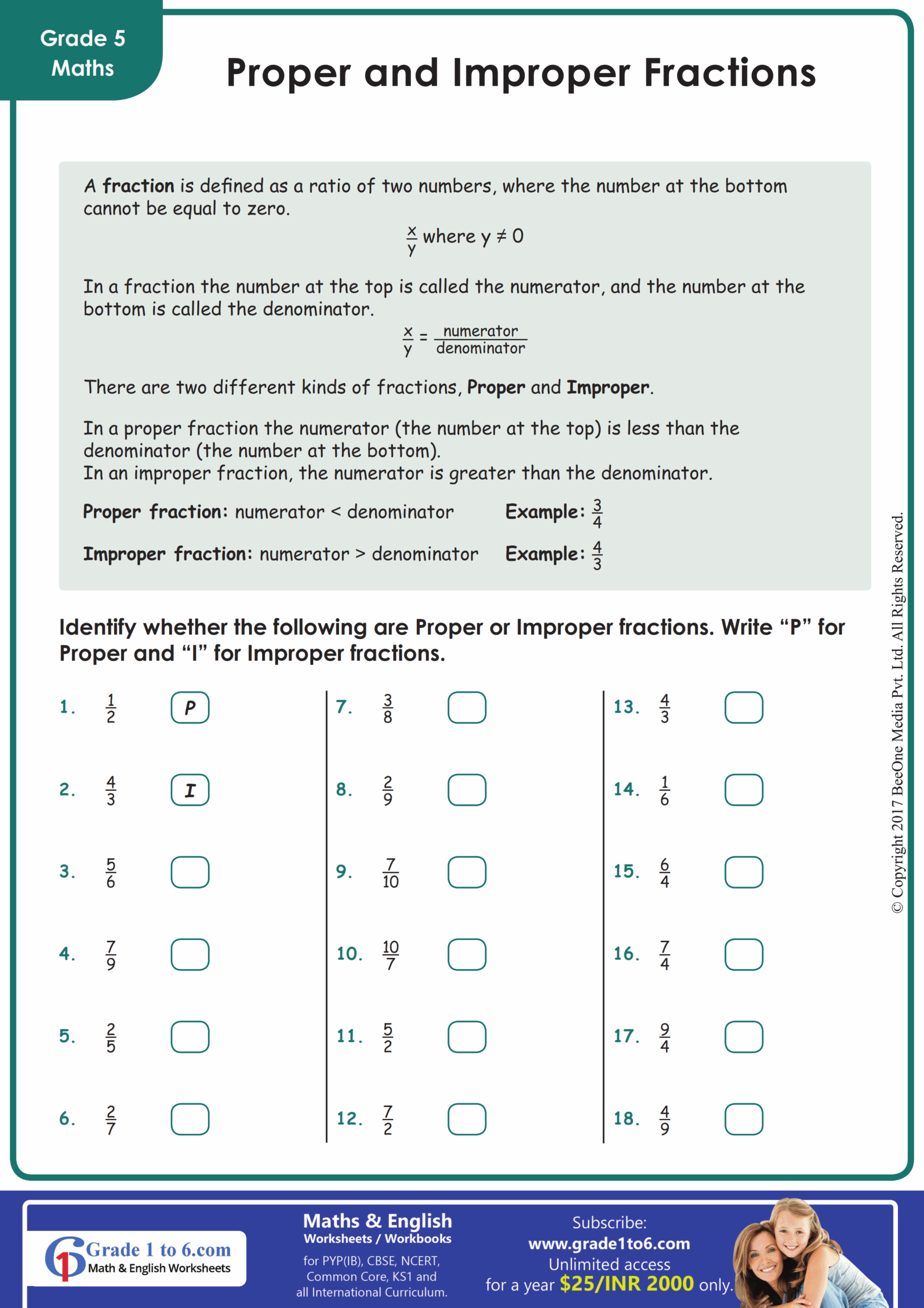 Grade 3 Improper Fractions Worksheet