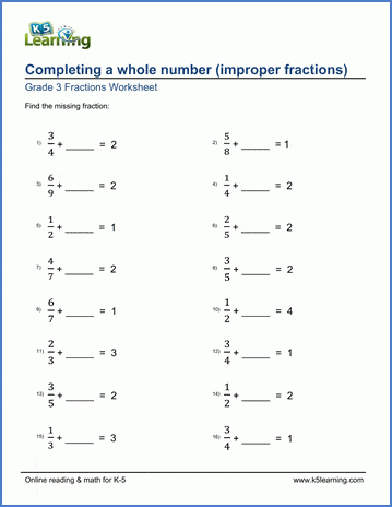 Grade 3 Worksheet Add Improper Fractions To Complete A Whole Number 