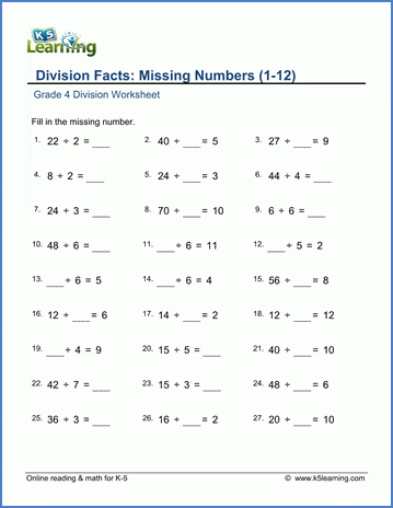 Grade 4 Math Worksheet Mental Division Division Facts Missing 