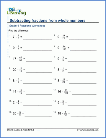 Grade 4 Math Worksheets Subtracting Fractions From Whole Numbers K5 