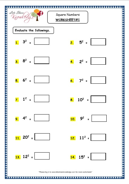 Grade 4 Maths Resources 1 12 Square Numbers Printable Worksheets 