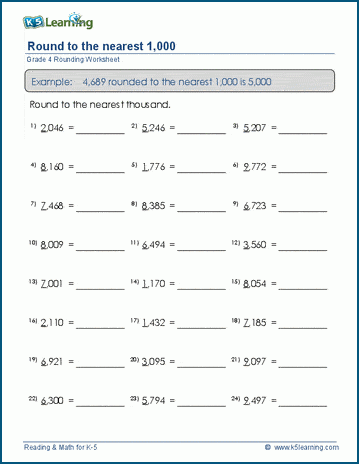 Grade 4 Rounding Worksheet Round 4 digit Numbers To Nearest 1 000 K5 