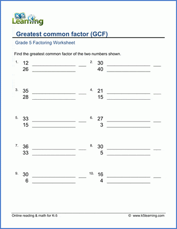 Grade 5 Math Worksheet Factoring Greatest Common Factor Of Two 