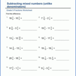 Grade 5 Math Worksheet Fractions Subtract Mixed Numbers unlike