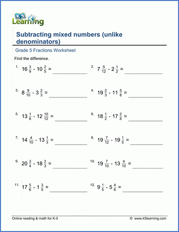 Grade 5 Math Worksheet Fractions Subtract Mixed Numbers unlike