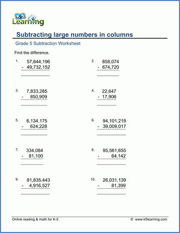 Grade 5 Subtraction Worksheet Subtracting Large Numbers K5 Learning