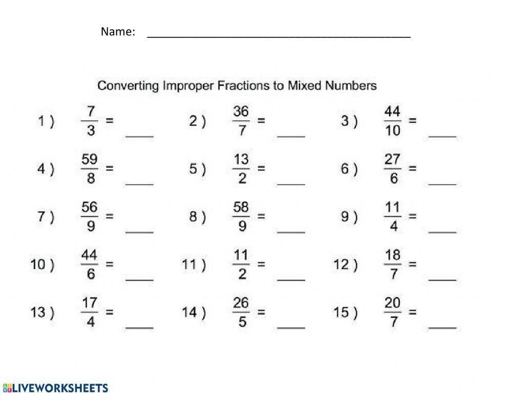 Grade 6 Fractions Worksheets Convert Fractions To Mixed Numbers 