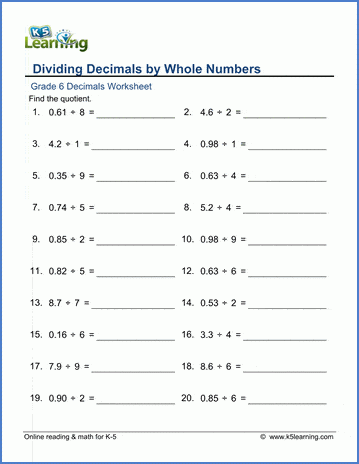 Grade 6 Math Worksheet Decimals Dividing Decimals By Whole Numbers 