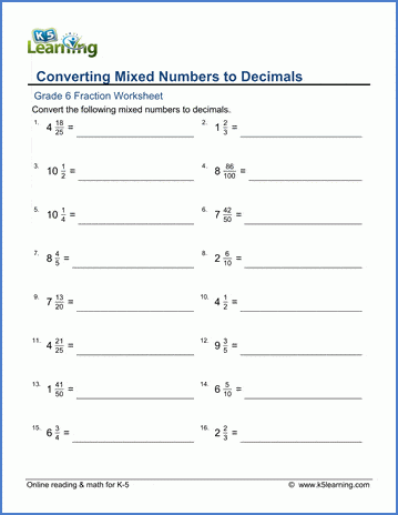 Grade 6 Math Worksheet Fractions Converting Mixed Numbers To 