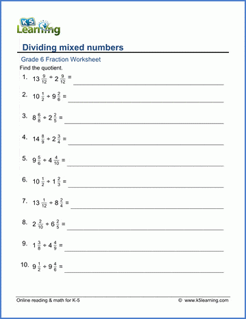 Grade 6 Math Worksheet Fractions Dividing Mixed Numbers K5 Learning