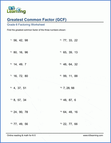 Grade 6 Math Worksheet Greatest Common Factor Of 3 Numbers K5 Learning
