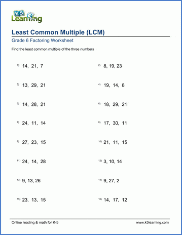 Grade 6 Math Worksheet Least Common Multiple LCM Of 3 Numbers K5 