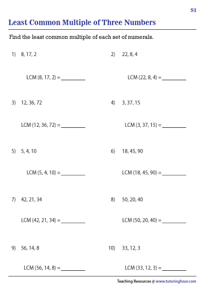 Grade 6 Math Worksheet Least Common Multiple LCM Of 3 Numbers 
