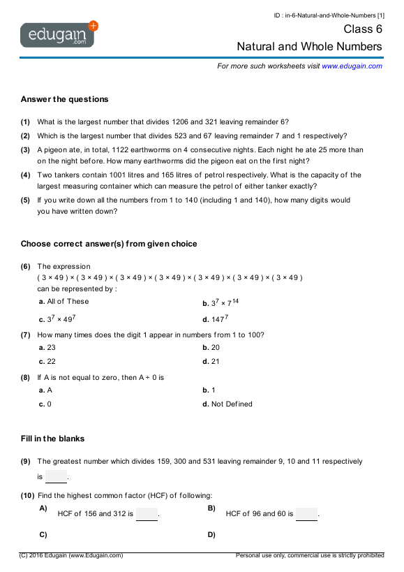 Grade 6 Natural And Whole Numbers Math Practice Questions Tests 