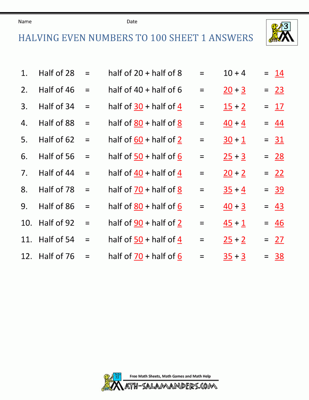 Halves And Quarters Up To 100