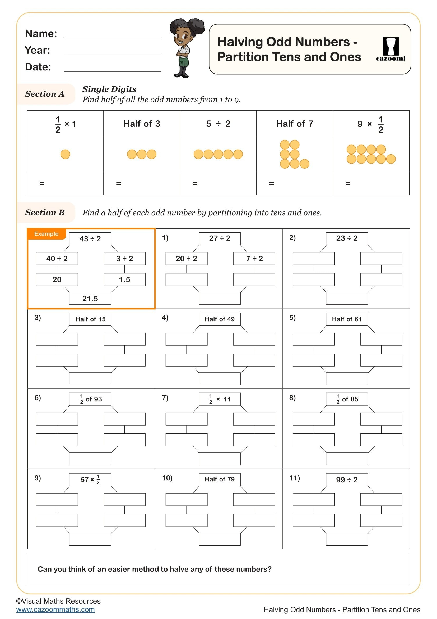 Halving Odd Numbers Partition Tens And Ones Printable PDF Year 4 