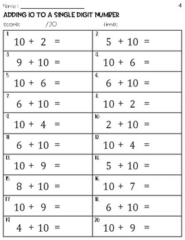 Horizontal Adding 10 To A Single Digit Number Worksheets By Owl School 