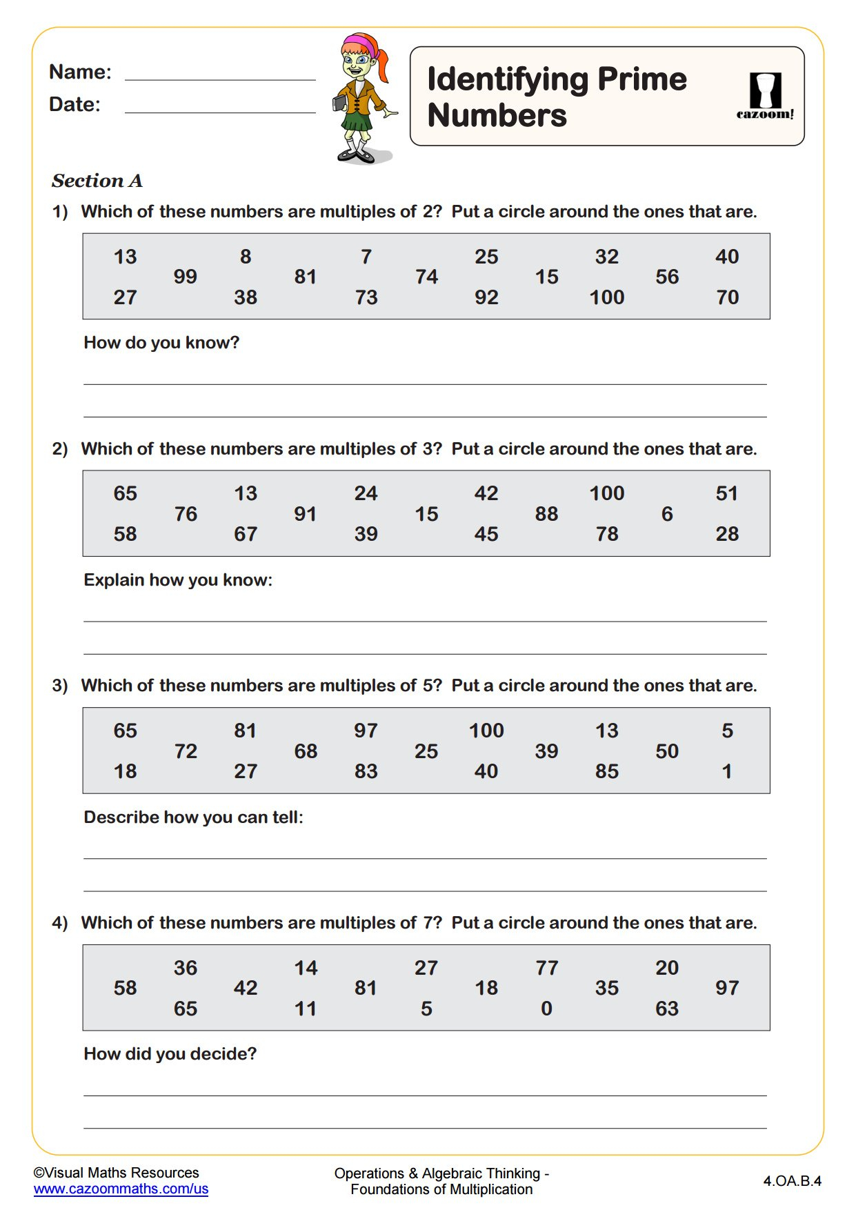 Identifying Prime Numbers Fun And Engaging 4th Grade PDF Worksheets