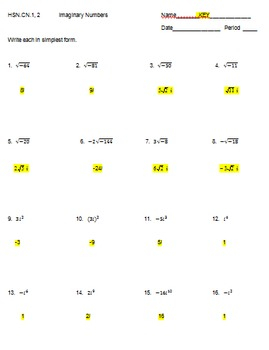 Imaginary Numbers Practice With Answers