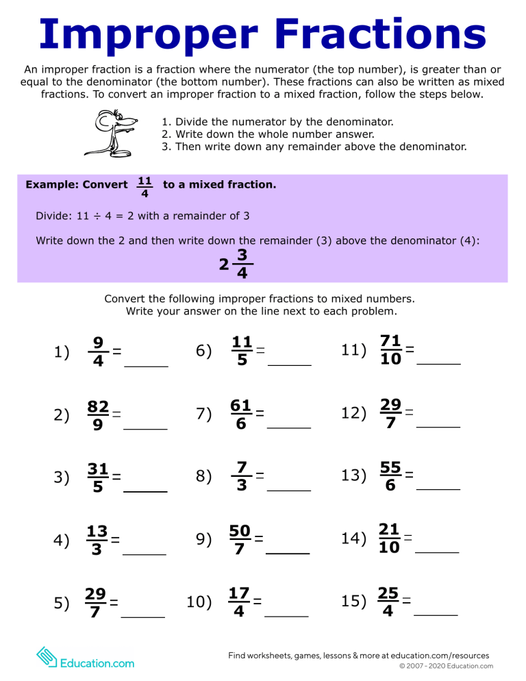 Improper Fractions To Mixed Numbers Worksheet Improper Fractions To Mixed Numbers Worksheet