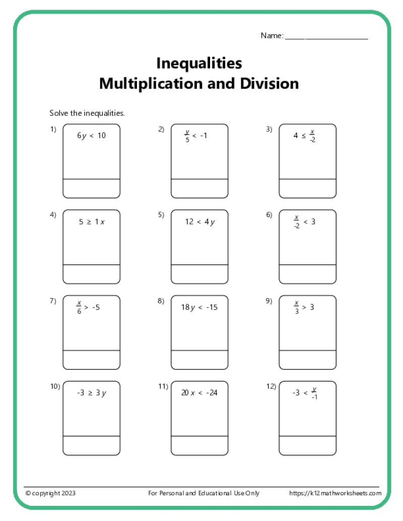 Inequalities Worksheets