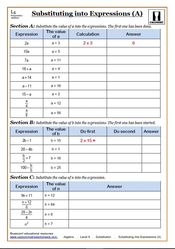 KS3 KS4 Substitution Maths Worksheet Substitution Maths GCSE