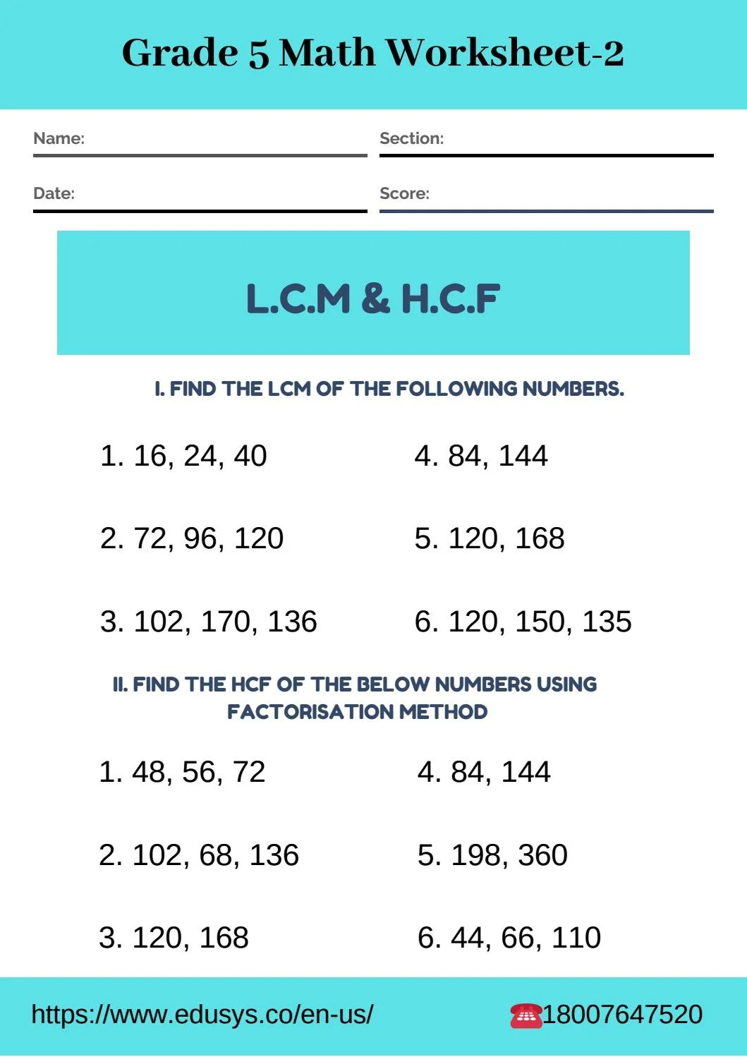 Lcm And Hcf Worksheet For Grade 6 Grade 4 Least Common Multiple Lcm