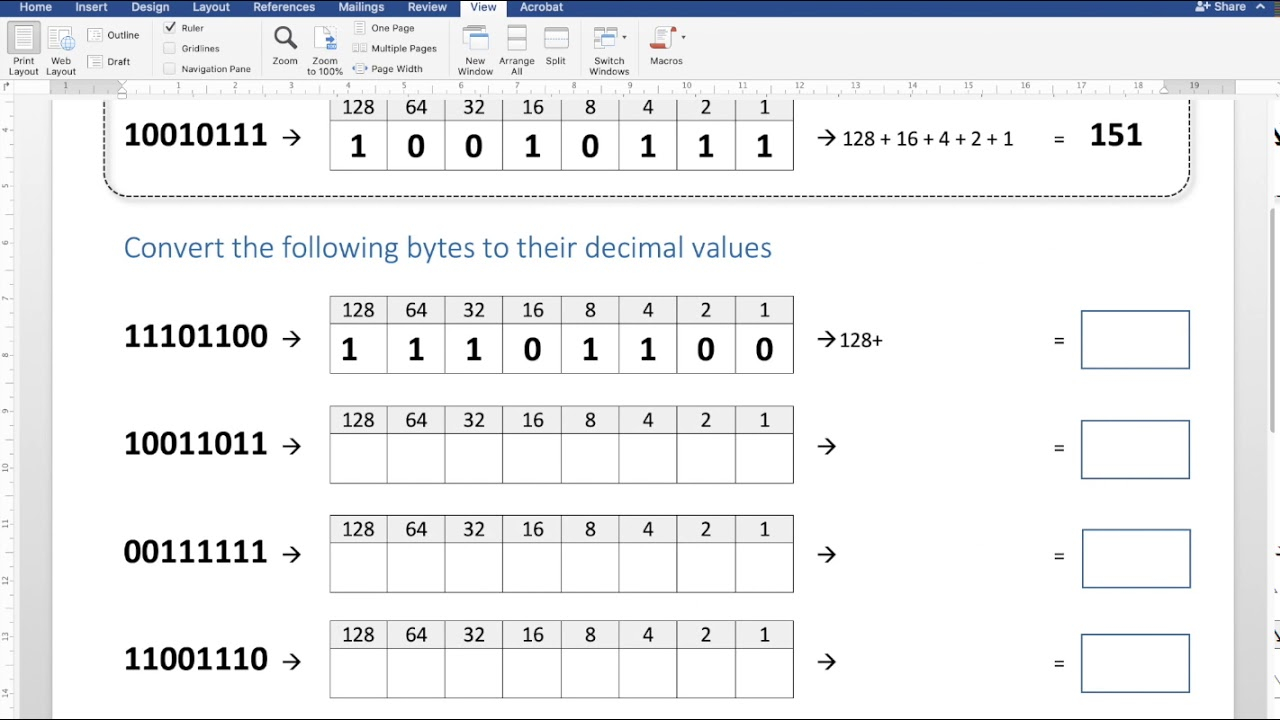 LETS ANSWER Convert Binary Numbers To Decimal Numbers Worksheet 