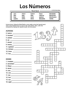 Los Numeros Spanish Numbers 1 20 Crossword Puzzle Worksheet By Miss Mindy