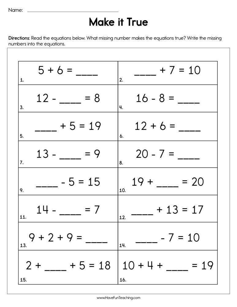 Make It True Missing Number Addition Subtraction Worksheet Have Fun 