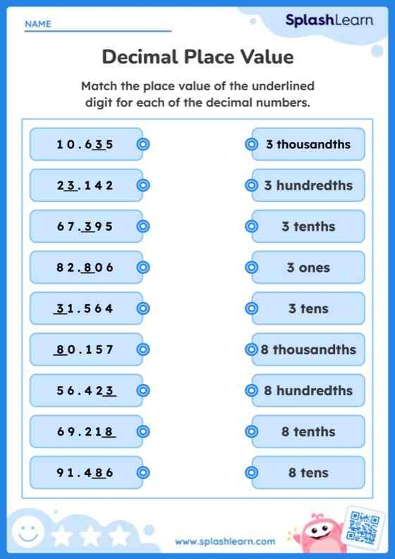 Match The Place Values For Decimal Numbers Worksheet