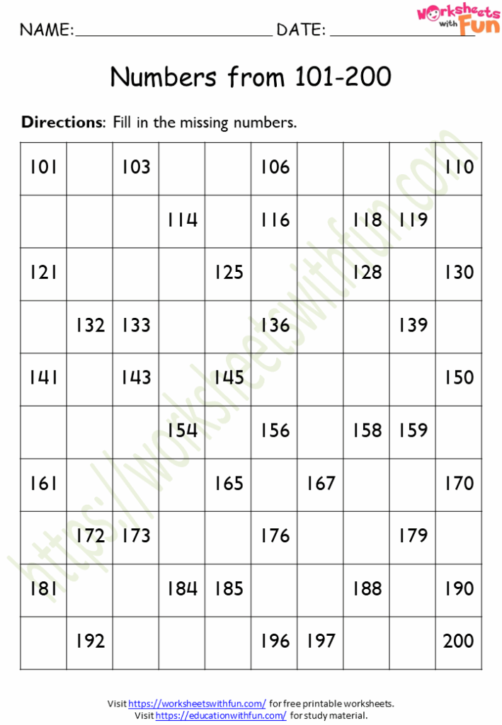 Maths Class 1 Missing Numbers 101 200 WWF